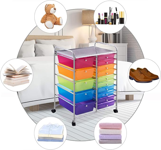 RELAX4LIFE 15 Drawer Rolling Storage Cart, Mobile Drawer Carts for Craft Art Supply Paper Salon, Utility Cart on Wheels for Classroom Teacher School Office, Rolling Cart with Drawers (Color) - Image 4