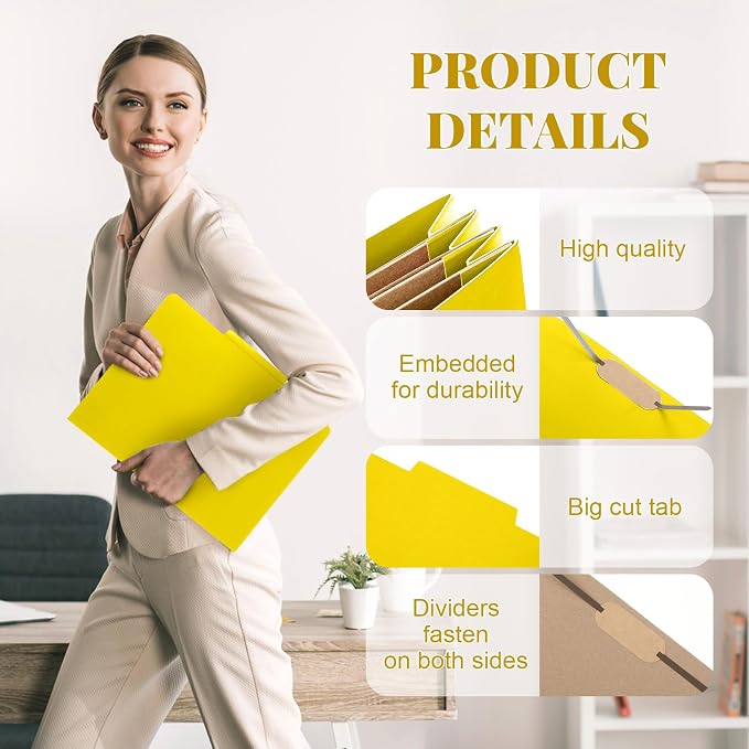Skyygemm 12 Pcs Classification Folders 3 Pocket Dividers Letter Size Employee File Folder with 2 Prong Fasteners 2 in Expansion Pressboard Medical Document Organizers Bulk for School Office(Yellow) - Image 4
