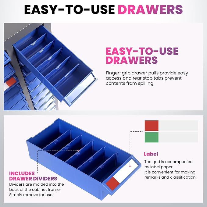 75-Drawer Parts Cabinet, Bolt Organizer with ABS Drawers & Dividers, Garage | Nut and Bolt Organizer for Workshop, 5 Dividers, 200 Label Stickers, Home and Office, Anti-slip stop, Flexible Classification - Image 5