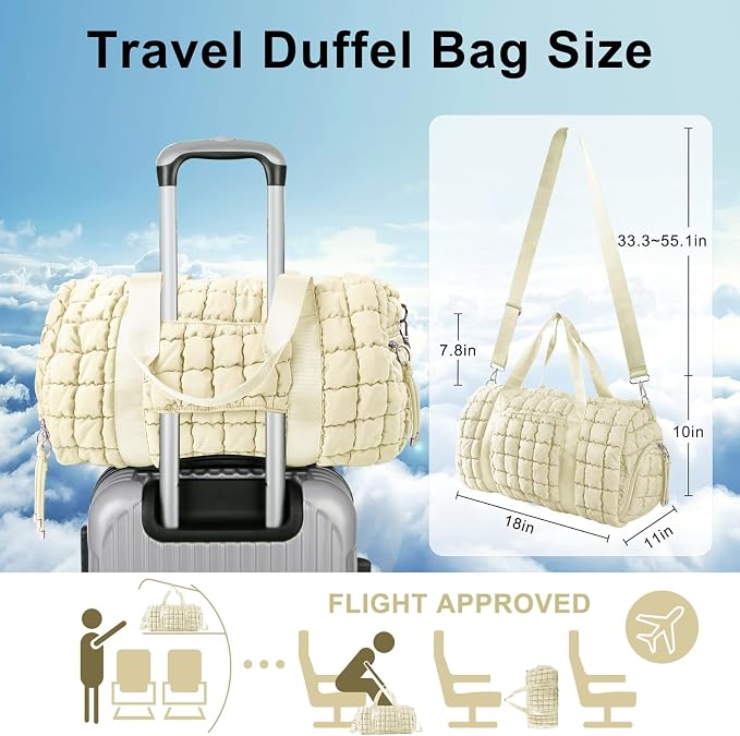 Quilted Travel Duffle Bag Gym Bag for Women,Large Puffer Duffle Weekender Bag with Compartment,Workout Overnight Carry on Organizer Bag Duffle Bag for Airplane Travel(Off-white) - Image 2