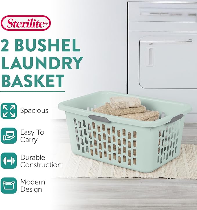 Sterilite Rectangular Laundry Basket, Plastic Clothes Hamper, 6-Pack | 2 Bushel, Mint - Ventilated Open-Top Utility Wash Bin with 4 Handles and Large Clothing Load Capacity - Image 2