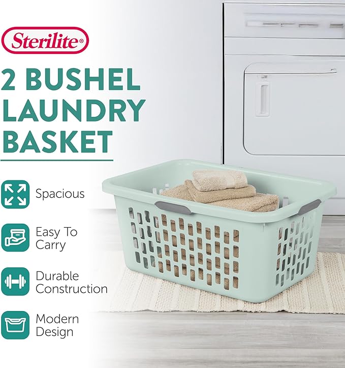 Sterilite Rectangular Laundry Basket, Plastic Clothes Hamper, 12-Pack | 2 Bushel, Mint - Ventilated Open-Top Utility Wash Bin with 4 Handles and Large Clothing Load Capacity - Image 2