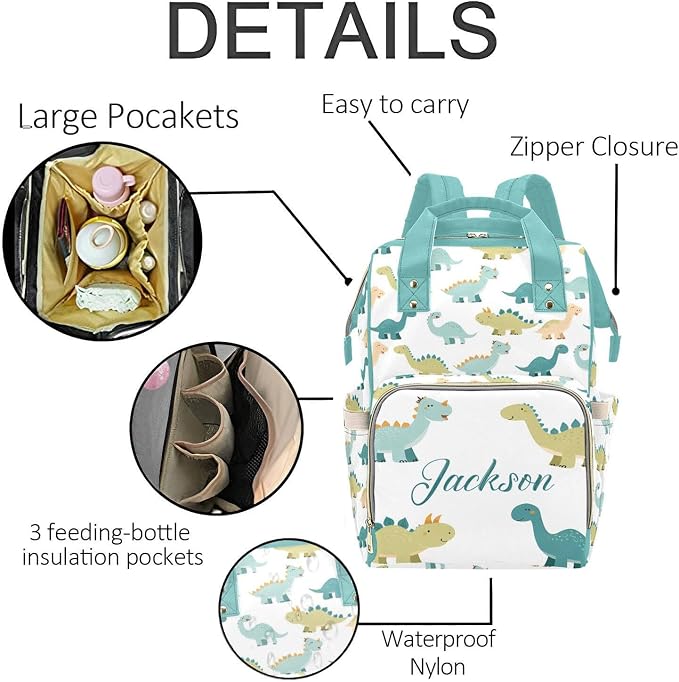 Custom Name Diaper Bag Backpack – Dinosaur with Star Personalized Baby Nappy Bag with Insulated Bottle Holders – Waterproof Large Capacity Travel Backpack Gift for Parents - Image 5