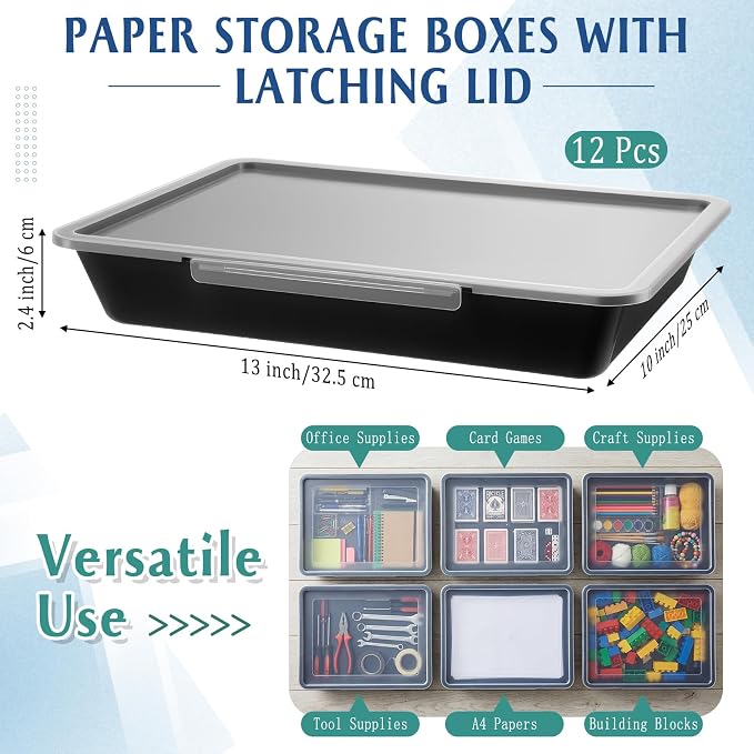12 Pcs Classroom Paper Storage Bins with Clear Latching Lids Labels, Letter Size Stackable Flat Trays Container Paper Organizer for Teacher Back to School Office Arts Crafts (Black,13x10in) - Image 2