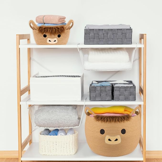 Highland Cute Cow Basket Set for Nursery, Woven Storage Cotton Rope Basket, Baby Blanket 0rganizer with Ears Handles, Blanket Towel Decor Toy Clothes Gifts Storage Cat Dog Bin, Pack of 2 - Image 5