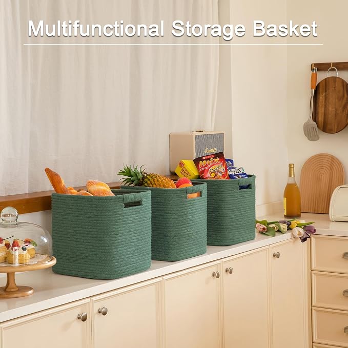 OIAHOMY Storage Cubes 11 Inch Storage Bins-3 Pack, Cotton Rope Woven Baskets for Organizing, Square Baskets for Shelves Organizer, Classroom, Toy Basket, Green - Image 6