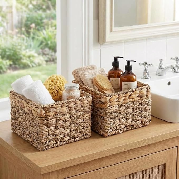 Small Wicker Storage Basket, Set of 2, 8 x 7 x 5.5 Inches | Natural, Woven Baskets for Organizing Living Room, Pantry, Shelves, Wicker, Decorative, Storage, Small - Image 2