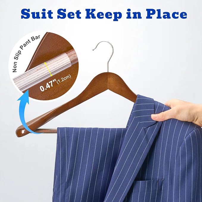 HOUSE DAY Wide Shoulder Wooden Hangers 12 Pack, Wood Suit Hangers for Men with Non Slip Pants Bar, Smooth Finish Solid Wood Coat Hanger for Jacket, Pants, Dress, Heavy Clothes Hanger (Walnut) - Image 4