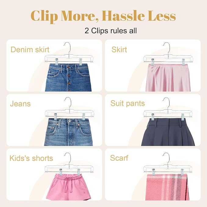 HOUSE DAY 14 Inch Clear Pants Hangers with Clips 12 Pack, Skirt Hangers | Adjustable Clip Hangers for Pants, Skirts, Jeans and Shorts, with No Marks Pads and 360° Swivel Hook, for Closet Organization - Image 6