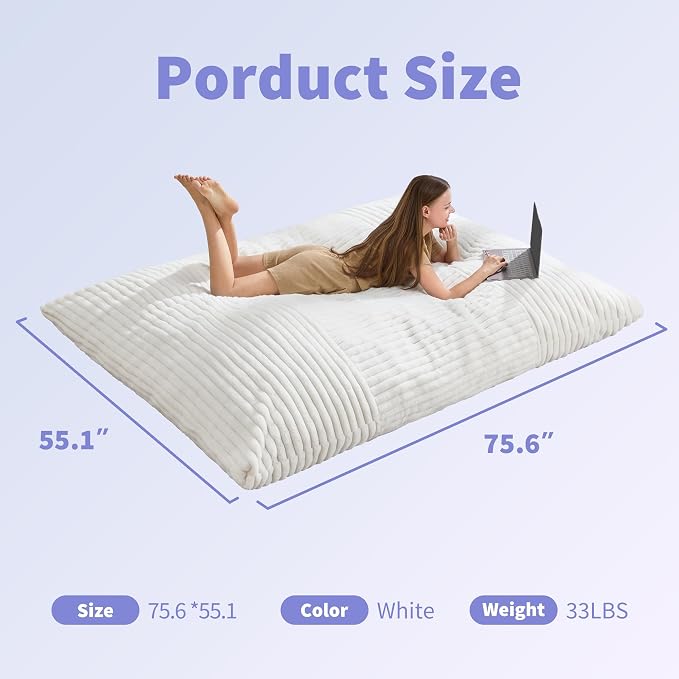 Hobestluk Adult Bean Bag Chair 3 in 1 Convertible Large Bean Bag Sofa | Striped White,Machine Washable,Removable Cover,Easy Convert And Install,Floor Bed,For Livingroom Bedroom - Image 2