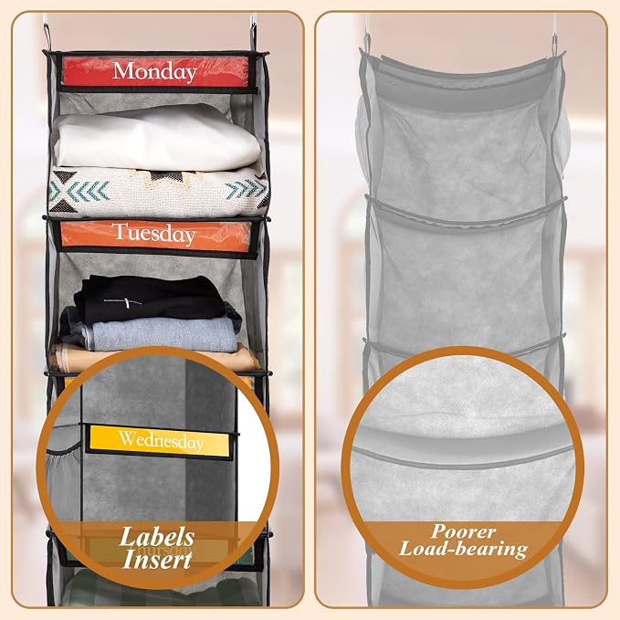 2 Pcs 6 Shelf Hanging Weekly Clothes Organizer for Kid,Gray | Closet Organization, Hanging Closet Shelves with Side Pockets, Labeled Shelves with Days of The Week Monday Through Weekend - Image 4