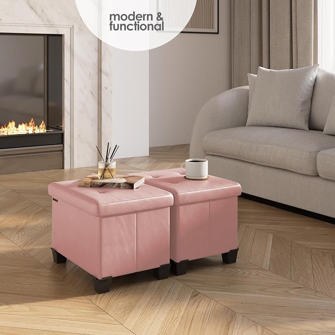 Storage Ottoman Cube with Small Bin, 16-in Square Ottoman with Storage for Living Room and Bedroom, Small Ottomans Foot Rest, Leather Foot Stools Ottomans Max 330lbs, Pink - Image 2