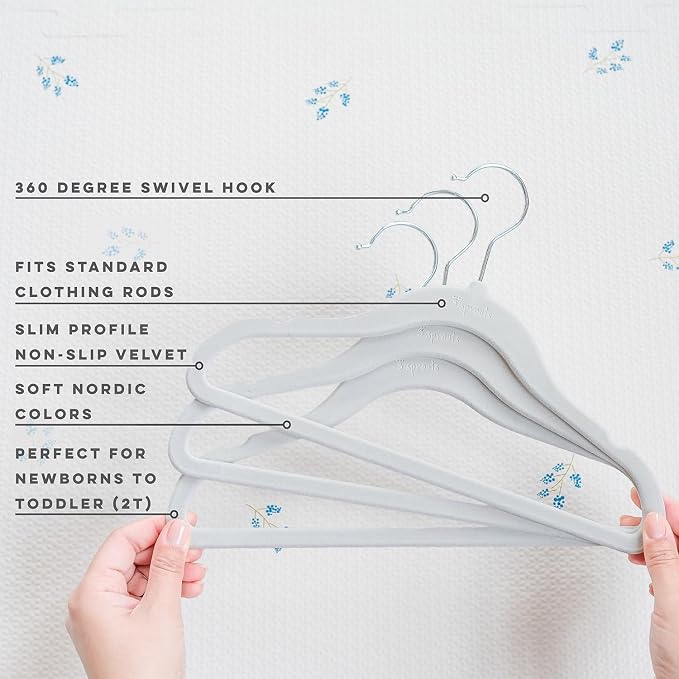 3 Sprouts Velvet Baby Hangers, Non Slip Slim, Gray, 30 Pack | Non-slip velvet, Notched shoulders, 360-degree swivel hook, 11.75 x 8 in, Infant and toddler clothes, Soft colors for nursery - Image 3