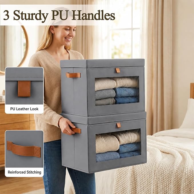 combocube Storage Bins with Lids, 4 Pack Large Fabric Closet Organizer | 800gsm PP Board, Front Opening & Easy-Access Window, 3-Handle Design, Dust-Proof Collapsible Boxes for Sweaters, Blankets - Image 7