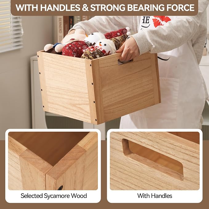 KIRIGEN Stackable Wood Storage Cube with Handles, Open Crate Bin, Natrual | Wooden Box and Open Front ,Stackable for Books, Clothes, and Closet Storage, Assembly Required, 14.17 x 14.17 x 10.31 Inch - Image 4