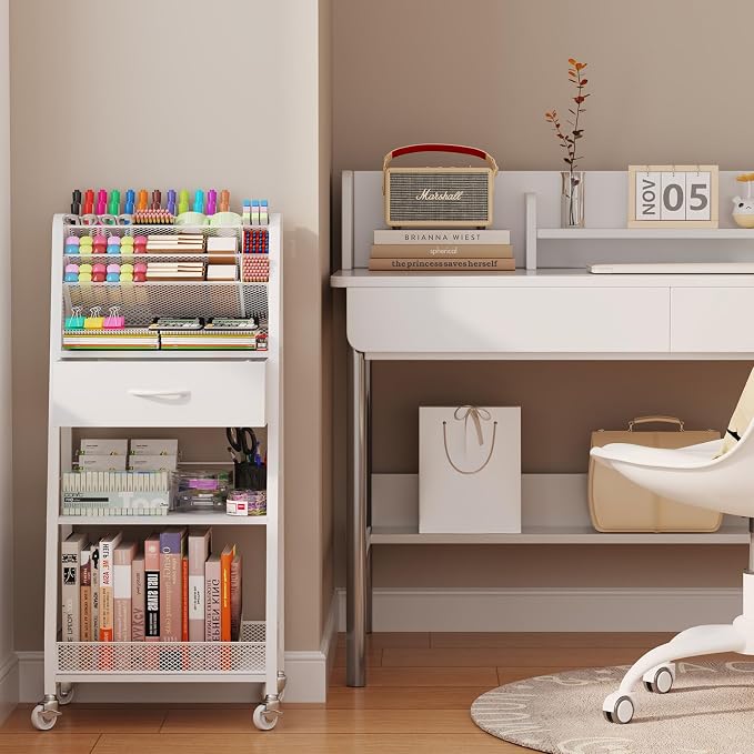 3 Tier Rolling Cart - Metal Utility Cart with Storage Drawer and Wheels, Versatile Art & Craft Organizer for Home, Office, or Studio - Ideal for Storing Brushes, Paints, and Supplies（White） - Image 5