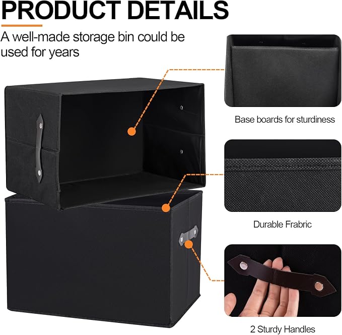 1 Pack Large Collapsible Storage Baskets for Shelves,14.9"x9.5" Fabric Closet storage Boxes with Leather Handles,Decorative Organizers Storage Bins for Clothes,Sheets,Toys,Books,(Black) - Image 7