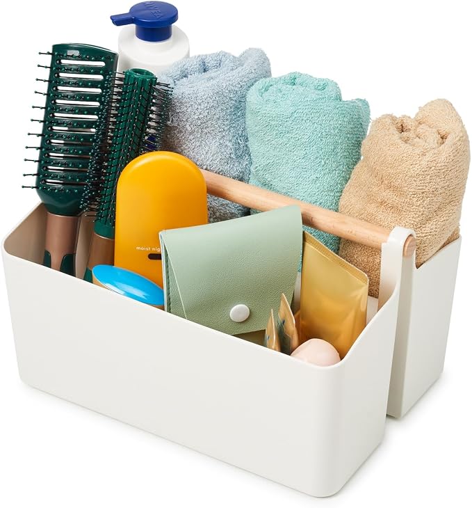 EZOWare Plastic Stackable Caddy Tote Set, Large Storage Organizer Bins w/Removable Compartment Divider & Handle for Makeup, Bathroom, Office Supplies, School, Crafts, Nursery - White and Orange - Image 3