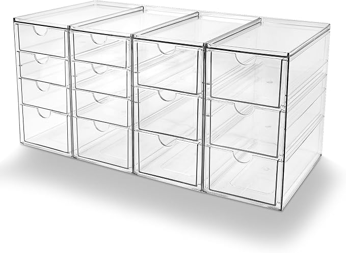Prsildan Acrylic Desk Organizers with 14 Drawers, Stackable Makeup Storage | Anti-slip Clear Storage Bins, Vanity Organizer for Craft Bead Crayon Nail, Bathroom Kitchen Office Organization, 4 Pack by Prsildan