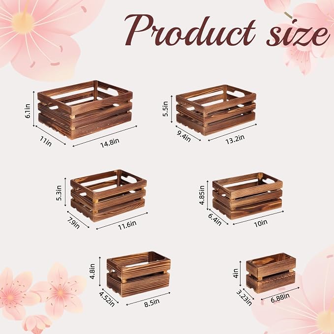 Set of 6 Decorative Wood Crates for Display, 6 Size Farmhouse Wooden Baskets Rustic Nesting Crates Decor Boxes with Handle for Storage, Container, Display, Christmas Decorations - Image 2