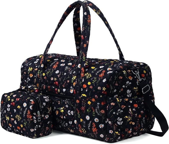 Dansydaisy Quilted Weekender Bag for Women with Makeup Pouch, Black Floral | Large Duffle Bag, Trolley Compartment & Zipper Pocket, Adjustable Carry Strap, for Mommy Dancers Travel Gym Hospital by Dansydaisy