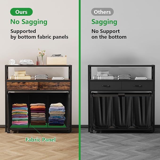 150L Laundry Sorter Hamper 3 Section with 2 Shelves & 2 Drawers | 3 Compartment Clothes Storage Organizer Cart, Pull-Out Removable Oxford Fabric Bags - Image 8