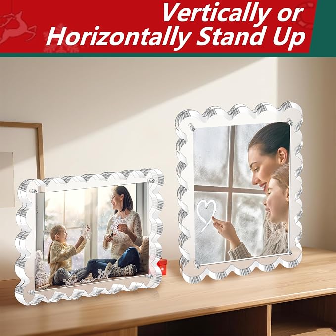 3 Pack Acrylic Picture Frame - 4x6 Magnetic Picture Frames | Double Sided Magnet Frames,10+10mm Thick Block, Clear Frameless Photo Scalloped Freestanding for Desktop Display - Image 5