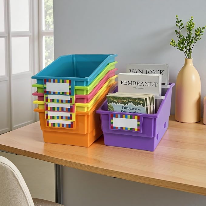 6 Pack Plastic Picture Book Classroom Library Bins with Dividers, Neon | Plastic Shelf Bin Organizer for Classroom Library, Book, Documents, Files Magazines, Multi-Purpose Book Holders with Labels - Image 6