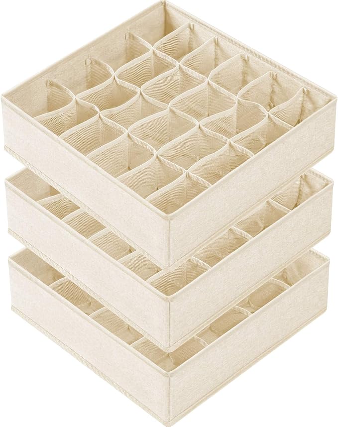 3 Pack Sock Underwear Drawer Organizer Dividers, 64 Cell Fabric Foldable Cabinet Dresser Closet Organizers and Storage Boxes for Organizing Socks, Underwear, Ties (16+24+24 Cell, Beige) by Criusia