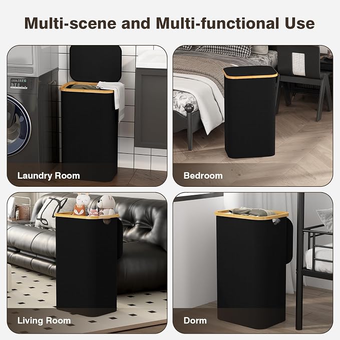 Laundry Hamper with Lid, Laundry Basket with Removable Bag, Black | 100L Large Dirty Clothes Hamper with Handle, Freestanding Bamboo Laundry Hamper for Bedroom, Bathroom, Laundry Room - Image 7