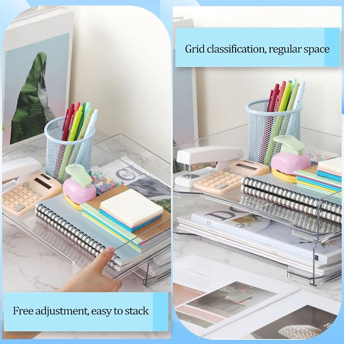 DoubleFill 2 Pcs Stackable Letter Tray Plastic Paper Tray, Clear | 13 x 9.5 x 2.6 In, Rectangular, Paper Holder, File Tray for Desktop Office Desk Drawers - Image 6