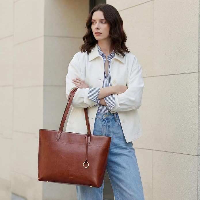 Kattee Vintage Genuine Leather Work Tote for Women | Spacious interior with a zip compartment for organized work, travel, and everyday essentials. - Image 3