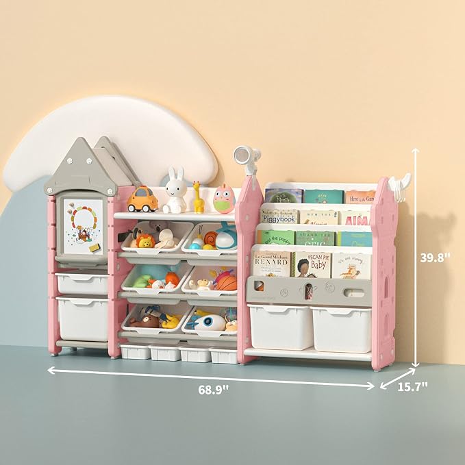 Kids Toy Storage Organizer with Bookshelf, 14-Bin Playroom Organizer and Bookcase, HDPE Toddler Storage Shelf with Drawing Board, for Nursery, Bedroom and Playroom - Image 2