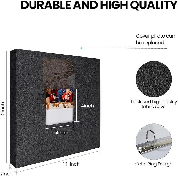 8.5x11 Scrapbook Inch Large 3 Ring DIY Linen Cover Scrap Books with 30 Plastic Sleeves 60 Pages Blank White Inner Pages, 8.5 x 11 Scrapbook Photo Albums for Baby Travel Wedding kids (Black) - Image 2