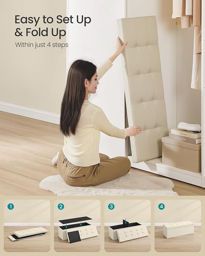SONGMICS MAZIE Collection - 43 Inches Folding Storage Ottoman Bench, Ottoman Foot Rest, End of Bed Bench, Storage Chest, Load 660 lb, for Living Room, Bedroom, Entryway, Cream White ULSF77BE - Image 6