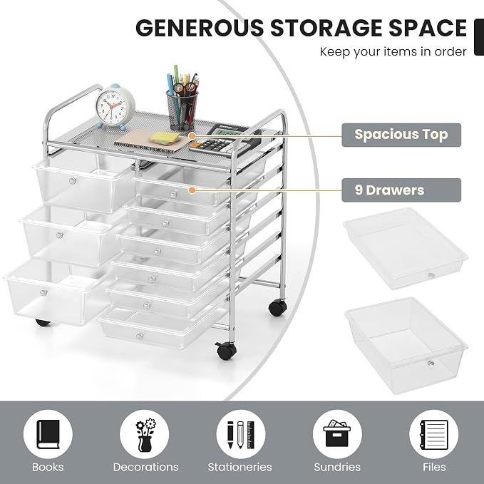 9 Drawer Rolling Storage Cart, Rolling Cart with Drawers for Classroom, Art Supply Craft Organizer on Wheel with Metal Frame & Handles for Home Office School - Image 6