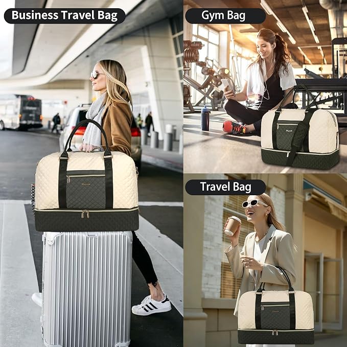 3PCS Weekender Bags for Women Large Overnight Bag, Black Beige Green | Weekender Travel Duffel Bags Carry on Shoulder with Shoe Compartment Toiletry Bag Satchel Bag for Travelling Business Gym - Image 6