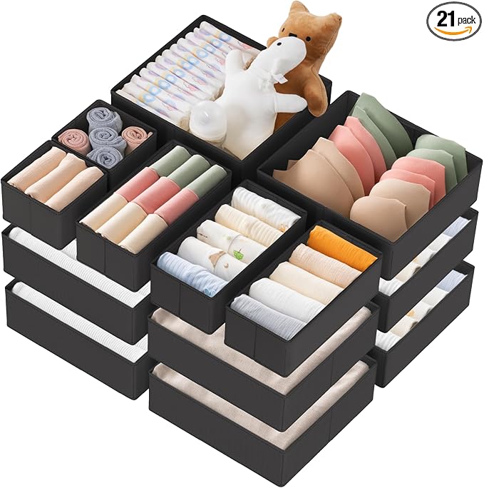 Drawer Organizer Clothes, 21 Pack Dresser Organizer for Baby Clothes, Underwear, Sock - Foldable Closet Organization and Storage Dividers Bins for Nursery, Bedroom (Black) by Criusia