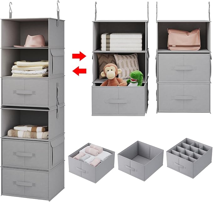6-Shelf Hanging Closet Organizer with 3 Drawers, Separable, Medium Gray | Converts into Two 3-Shelf Organizers, Foldable Drawers, Side Pockets, Ideal for Wardrobe, Nursery, Dorm & Closet Storage by Vailando