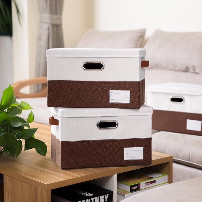 Foldable Storage Bins with Lids [3-Pack] Fabric Collapsible Storage Boxes Baskets Cubes Containers with Handles for Closet Living Room Bedroom (Brown & White 17.7x11.8x11.8'') - Image 2