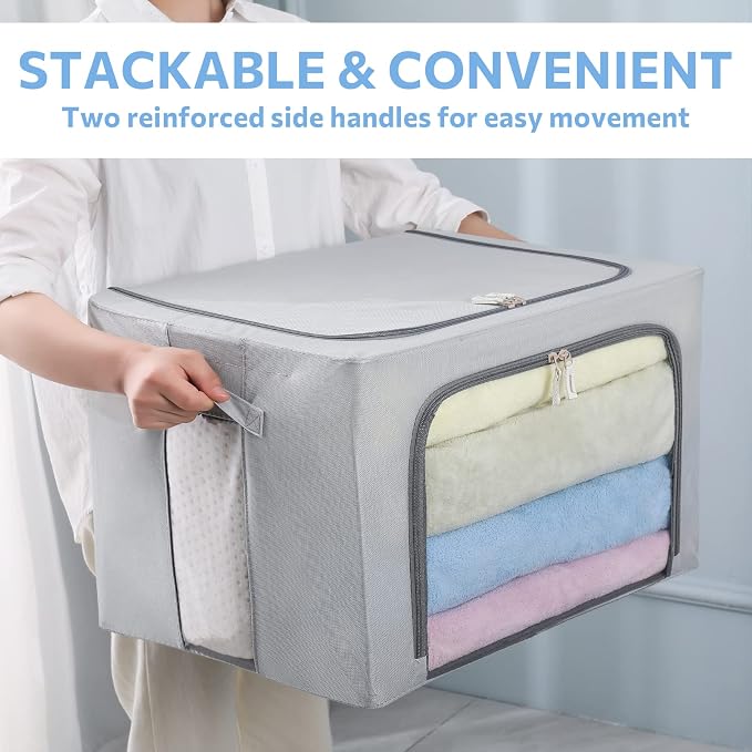 CYhom 3Pack Frame Storage Box - Clothes Storage Bin Bags Oxford Fabric Foldable Stackable Container Organizer Set with Clear Window & Carry Handles Large Capacity (Grey, Large-66L) - Image 9