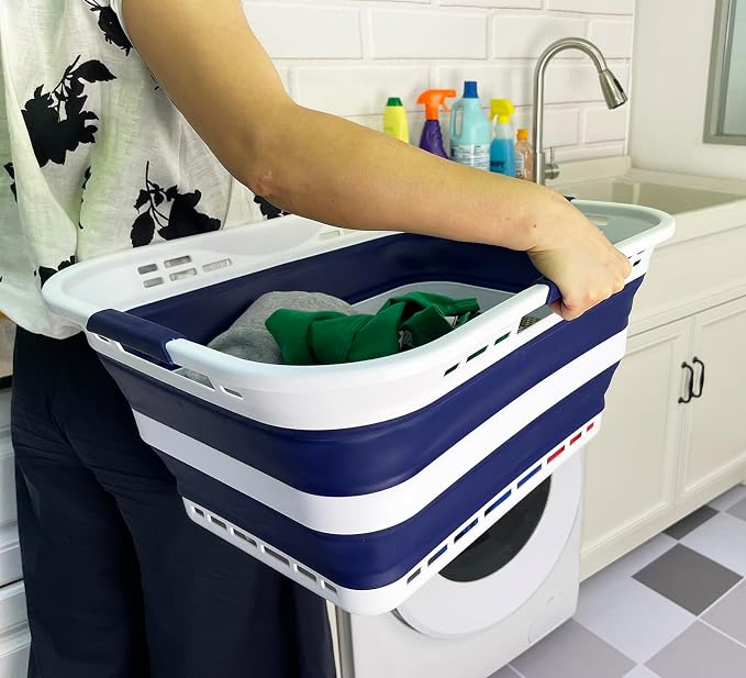 SAMMART Set of 2 Collapsible Plastic Storage Basket - Foldable Pop Up Storage Container - Portable Laundry Organizer - Space Saving Hamper (White/Starry Blue, 42L (Style A)) - Image 4