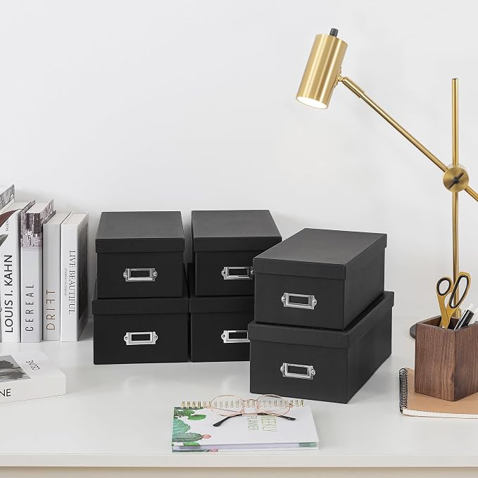 Soul & Lane - Black Photo Storage Boxes with Lids, Set of 6 in 2 Sizes | Cardboard Picture Organizers with Label Holders for Crafts and Collectibles, Stackable Keepsake Containers for Shelf Decor - Image 3
