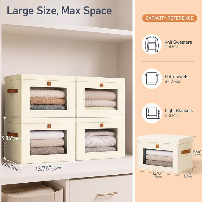 DIMJ Storage Bins with Lids - 6 Pack Front Opening Stackable Fabric Storage Boxes with Clear Window & Handles, Collapsible Closet Organizers for Clothes, Sweaters, Shelf Storage, Bedroom, Beige - Image 6