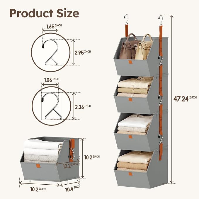 Hanging Closet Organizer 4 Tier - Clothes Hanging Shelves, Space-Saving Closet System, Fabric Storage Bins Bedroom Organization, Collapsible Baskets for Home, Dorm, Rv, Grey, 8 Pack - Image 7
