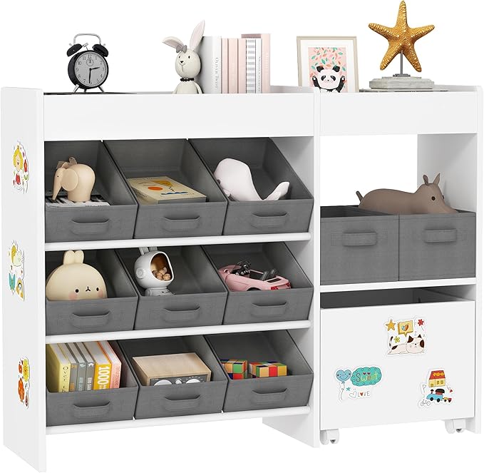 Qaba Toy Storage Organizer with 6 Shelves and 11 Fabric Bins, White | Moveable Toy Storage Cabinet, 3 Stickers, Kids Bookcase, Nursery, Playroom, Bedroom by Qaba