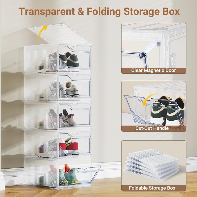 BROVIEW XX-Large Shoe Sneaker Storage Boxes for Size 14, 12 Pack Shoe Boxes | Stackable & Thicken Clear Plastic Shoe Organizers for Entryway Closet, Shoe Container Display Case w/ Magnetic Door - Image 5