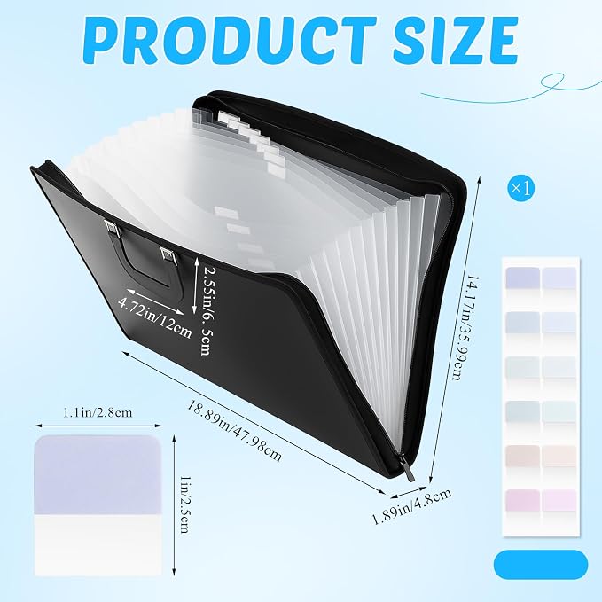 Dunzoom 1 Pack 11 x 17 Art Portfolios, Expanding File Organizer with 13 Pocket for Artwork, Plastic Clear Portfolio Holder Document Binder with Handle, Zipper and 120 Pcs Sticky Labels (Black) - Image 2