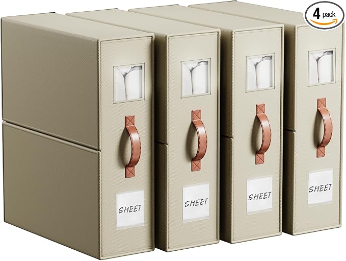 EE-RoomWorld 4 Pack Bed Sheet Storage Organizers，Premium Fabric Closet Organizer with Clear View Window, Space-Saving Foldable Design for Queen/King Size Bedsheets, Blankets & Duvet Covers by EASIERLIFEENJOYWORLDBEAUTY