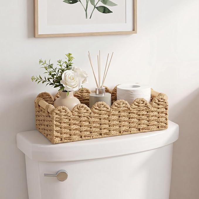 StorageWorks Toilet Paper Storage Basket, Toilet Basket with Wooden Handles | Scalloped Wicker Basket for Living Room, Decorative Scalloped Baskets for Storage, Wicker Baskets for Organizing and Decor - Image 8